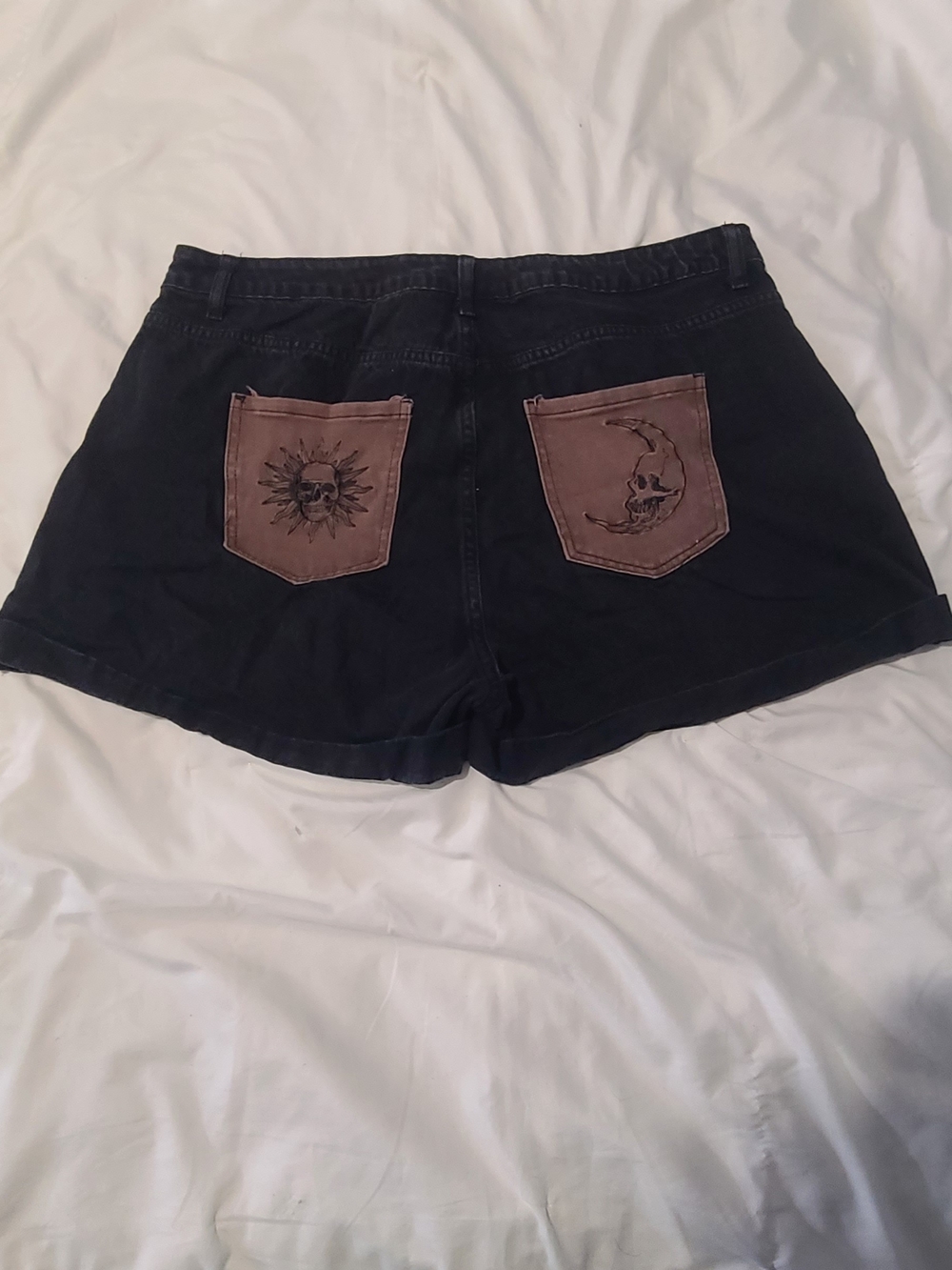 Black Womens Denim Shorts with Skull Moon And Skull Sun On Pockets